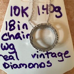 10k white gold Vintage real Diamond Circle Pendant Necklace in White Gold w cha